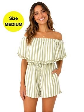 2/for $20 🪩 Green & Cream Strapless Striped Romper, Pockets (Women’s Medium)